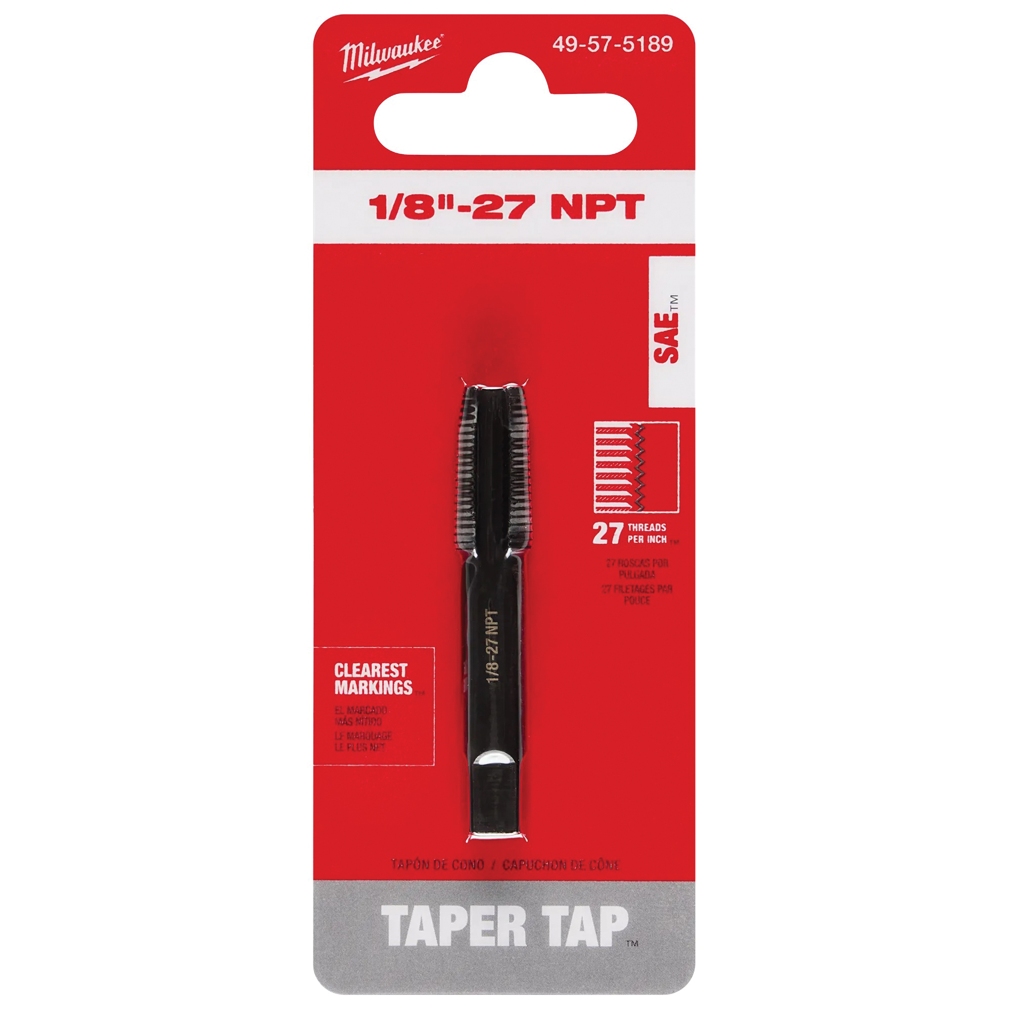 49-57-5189 Straight Flute Plug Tap, 1/8-27 Thread, NPT Thread, 3/4 in L Thread, 4-Flute, HCS