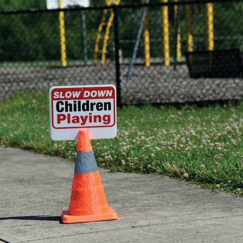 Child Safety Cone Topper Sign, Hillman, Slow Down Children Playing, White Background, Plastic - 3