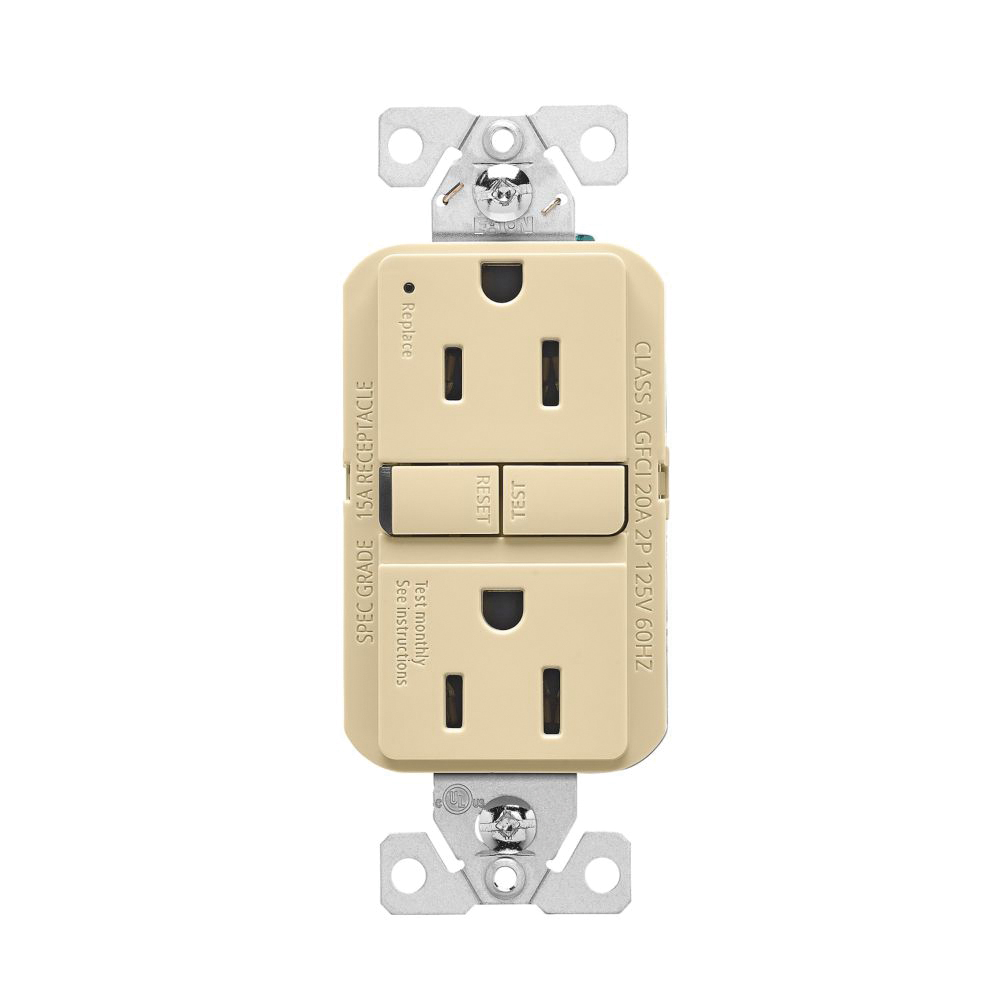 GF15V-BX-L GFCI Receptacle, 125 V, 15 A, NEMA: NEMA 5-15R, Back, Side Wiring, Ivory