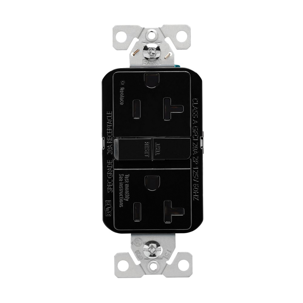 GF20BK GFCI Receptacle, 125 V, 20 A, NEMA: NEMA 5-20R, Back, Side Wiring, Black