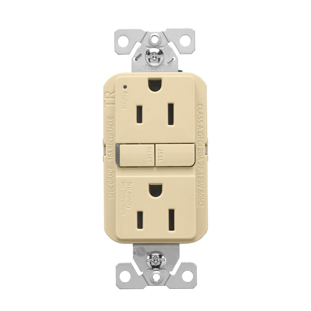 TRGF15V-3-L Tamper-Resistant GFCI Receptacle, 125 V, 15 A, NEMA: NEMA 5-15R, Back, Side Wiring, Ivory