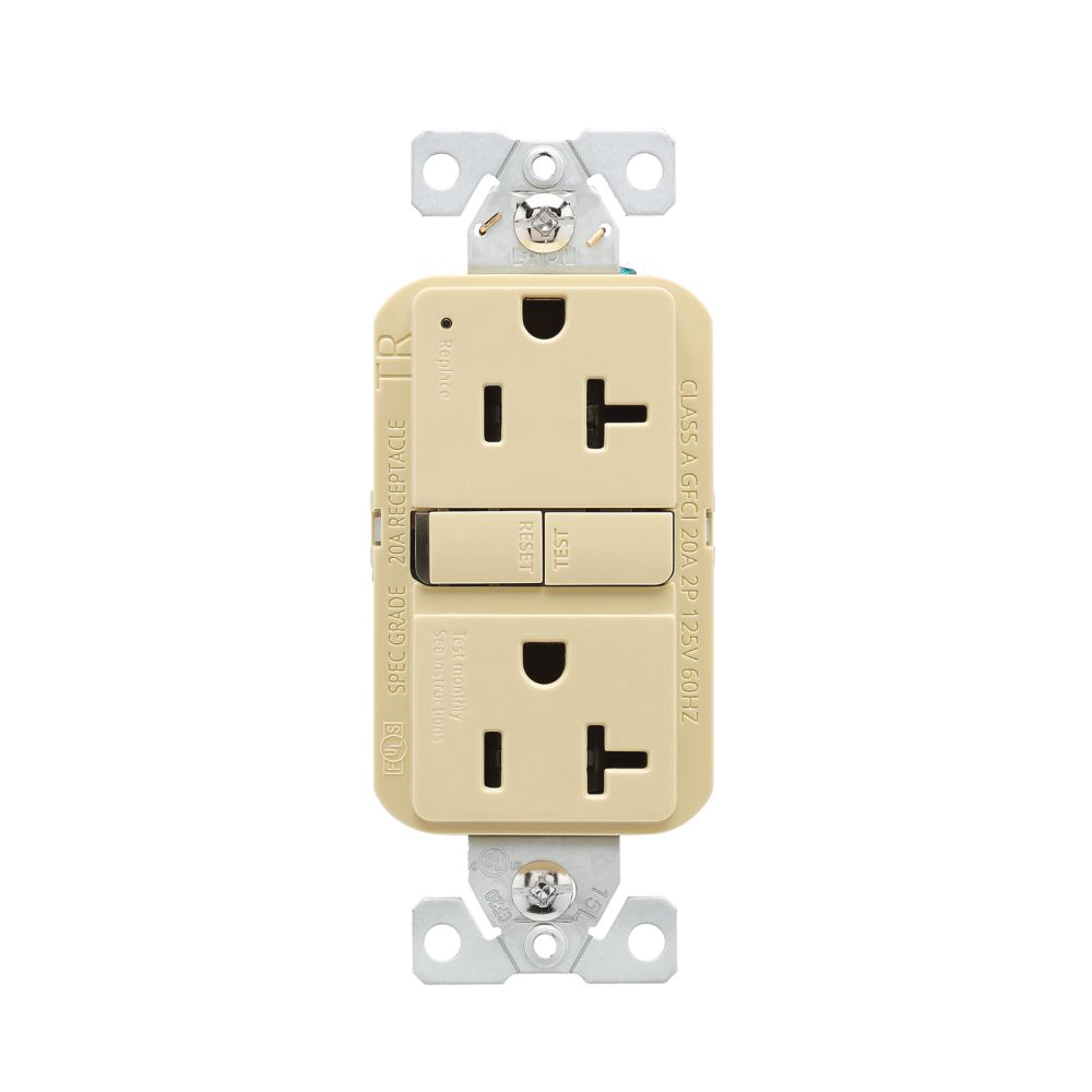 TRGF20V Tamper-Resistant GFCI Receptacle, 125 V, 20 A, NEMA: NEMA 5-20R, Back, Side Wiring, Ivory