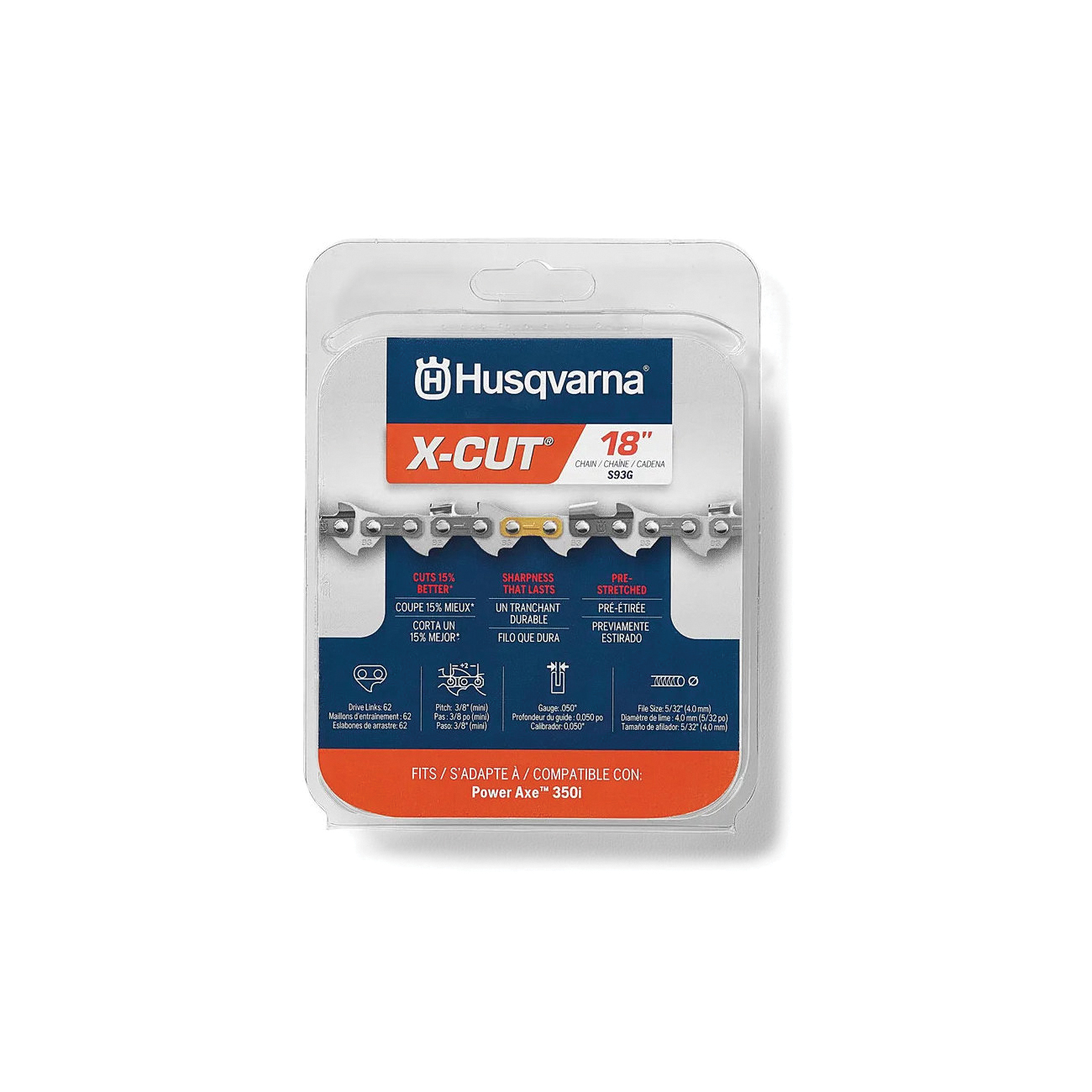 Husqvarna X-CUT 597 46 95-62 Chainsaw Chain, Semi-Chisel Chain, 18 in L Bar, 0.05 in Gauge, 3/8 in TPI/Pitch, 62-Link - 2