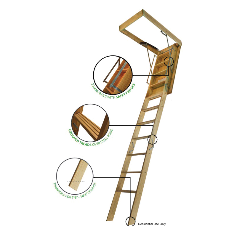 SUPERIOR S255410R3 Folding Attic Stairway, 7 ft 6 in to 10 ft 4 in H Ceiling, 300 lb, Wood