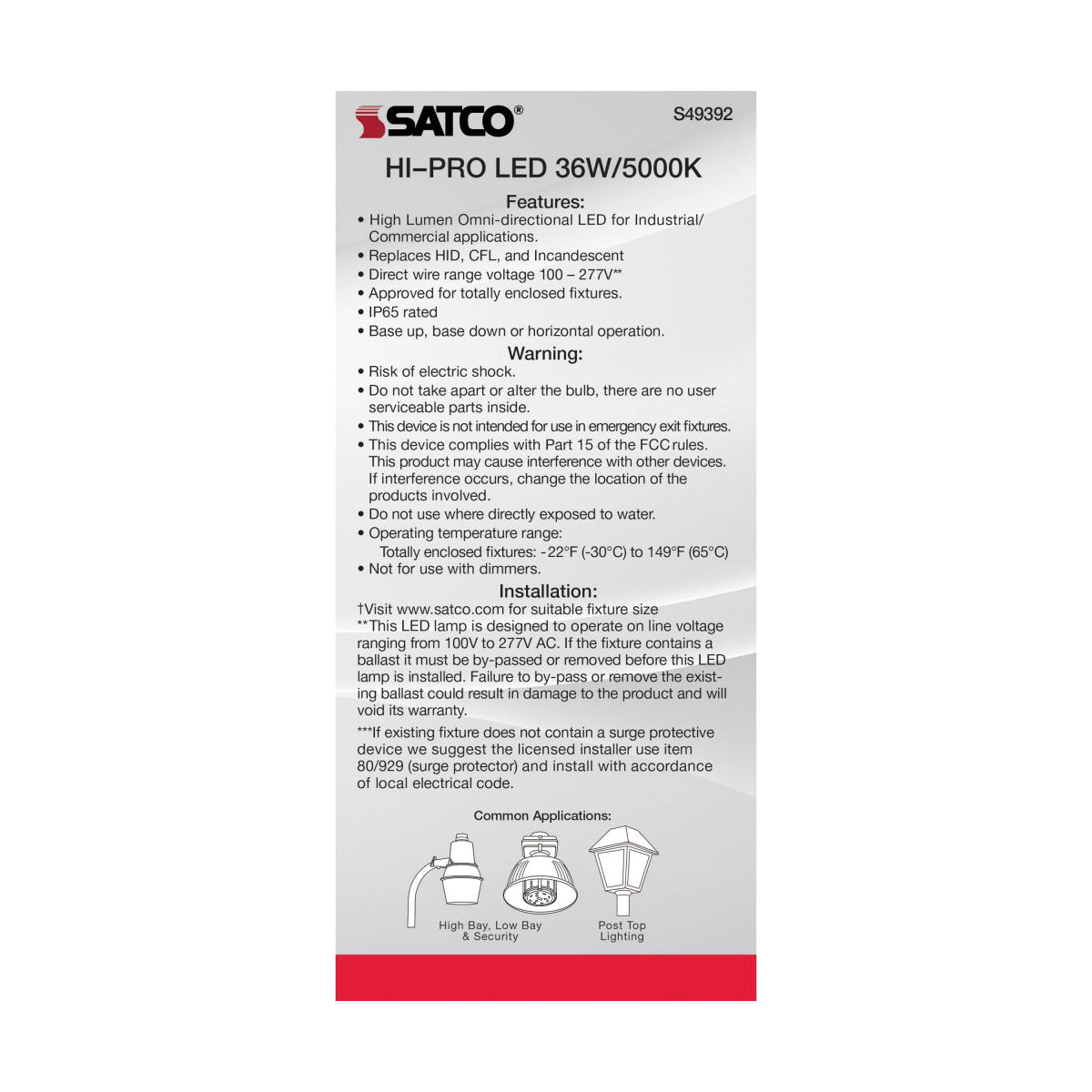 LED Bulb, Satco, 125 Watt Equivalent, Corncob, E26, 4968 Lumens, 5000 K - 1
