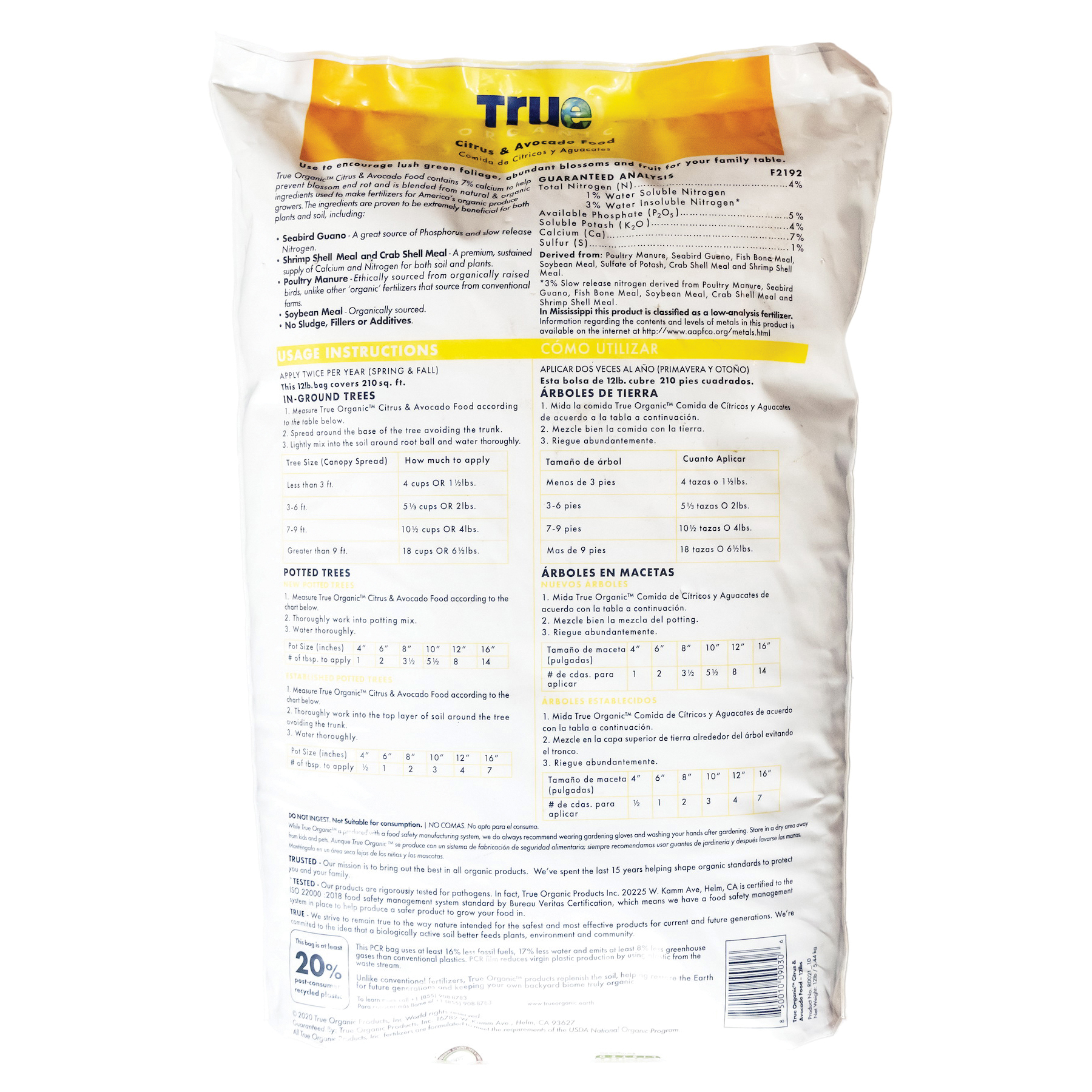 True ORGANIC R0053 Citrus and Avocado Food, 25 lb, Bag, Granular, 4-5-4 N-P-K Ratio - 2