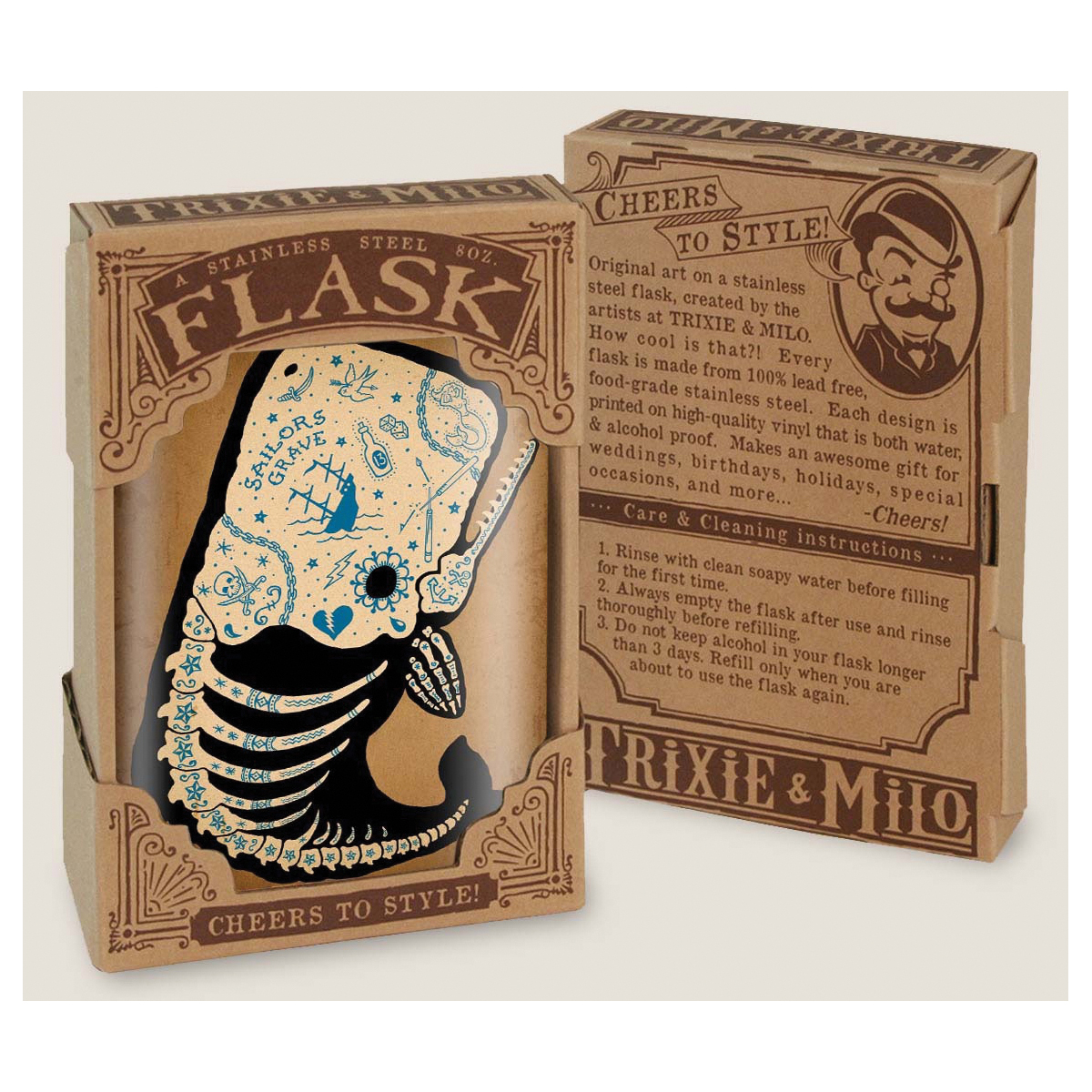 Trixie & Milo FK-0161 Tattooed Whale Flask, Stainless Steel, White - 2