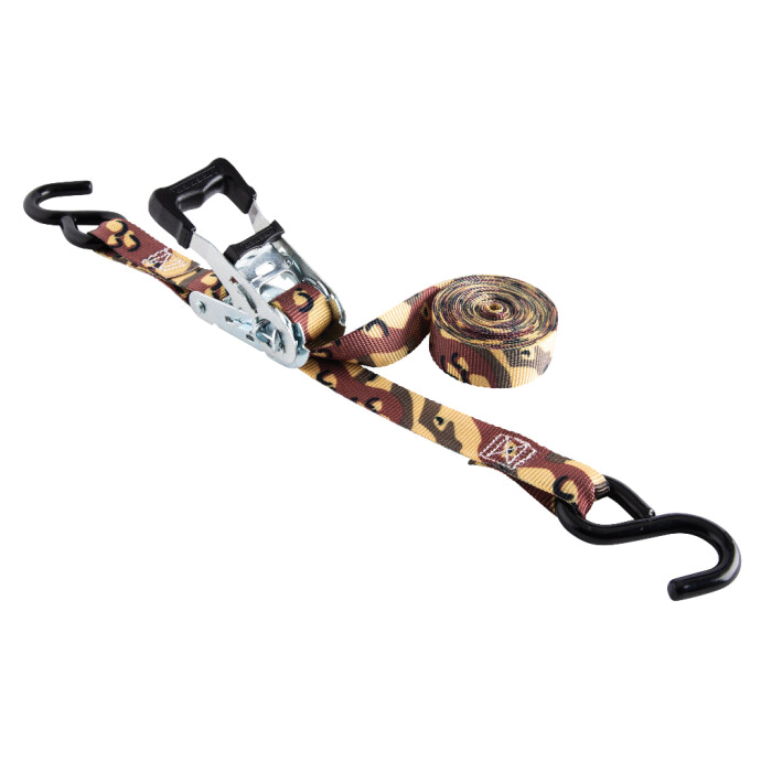 47321 Ratchet Tie Down With Open Handle, 1 in W, 12 ft L, Camo, 500 lb Working Load, S-Hook End