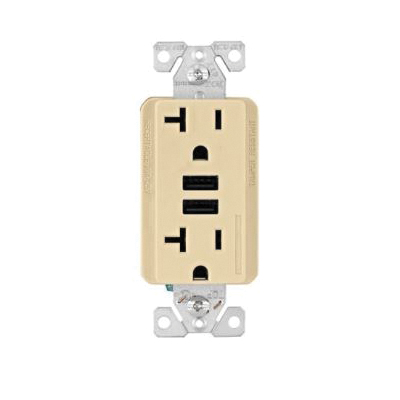 TR7766V-BOX Duplex Receptacle with USB Ports, 2 -Pole, 20 A, 125 V, NEMA: 5-20R, Ivory