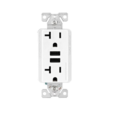 TR7766W-KB-L Duplex Receptacle with USB Ports, 2 -Pole, 20 A, 125 V, NEMA: 5-20R, White