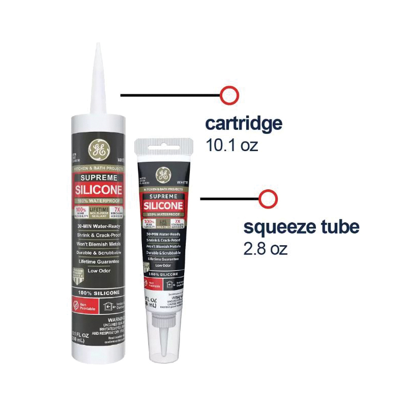 GE Supreme Silicone 2821640 Kitchen & Bath Sealant, White, 24 hr Curing, 10.1 fl-oz Cartridge