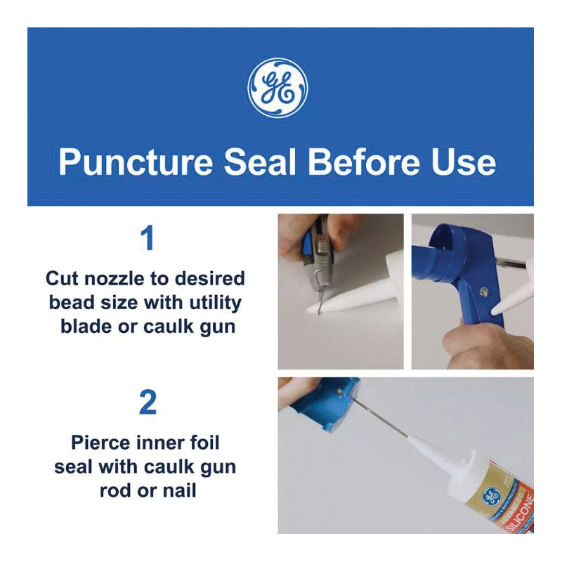 GE Supreme Silicone 2821640 Kitchen & Bath Sealant, White, 24 hr Curing, 10.1 fl-oz Cartridge