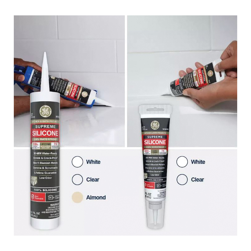 GE Supreme Silicone 2821640 Kitchen & Bath Sealant, White, 24 hr Curing, 10.1 fl-oz Cartridge