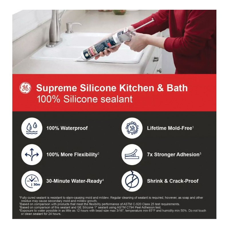 GE Supreme Silicone 2821640 Kitchen & Bath Sealant, White, 24 hr Curing, 10.1 fl-oz Cartridge