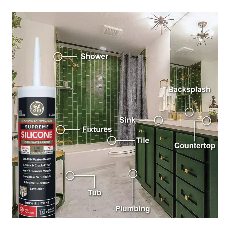 GE Supreme Silicone 2821640 Kitchen & Bath Sealant, White, 24 hr Curing, 10.1 fl-oz Cartridge