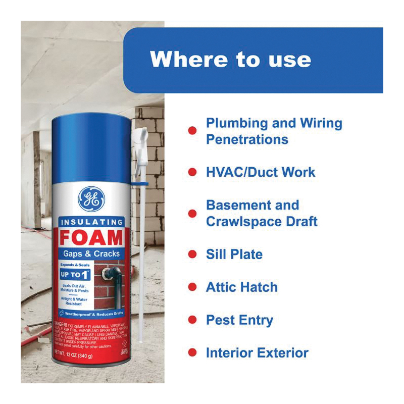 GE Gaps and Cracks 2844271 Insulating Foam, White, 7 to 10 min Functional Cure, 12 fl-oz Aerosol Can - 5