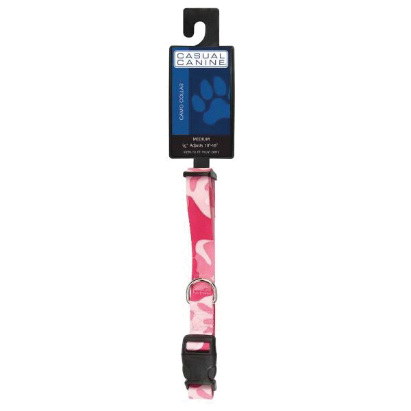 ZA6741 10 75 Dog Collar, D-Ring Link, 10 to 16 in L Collar, 5/8 in W Collar, Nylon, Pink Camo