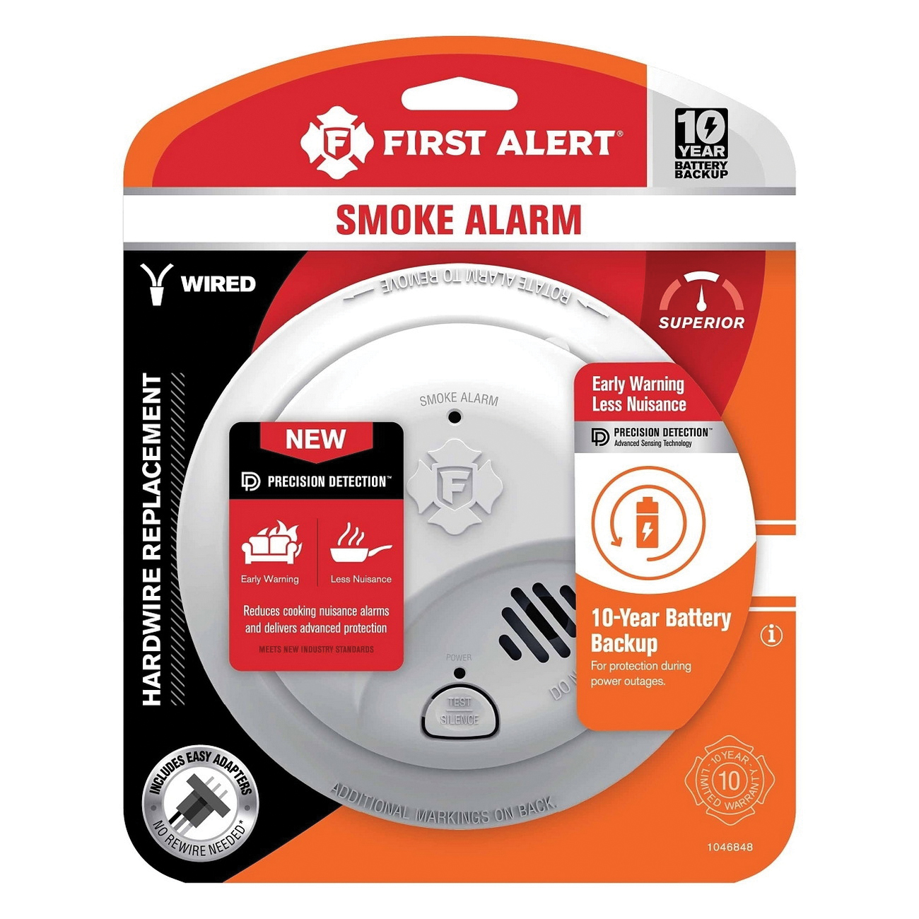 1046848 Smoke Alarm, Ionization Sensor, 85 dB, Alarm: Audible, Visual, White