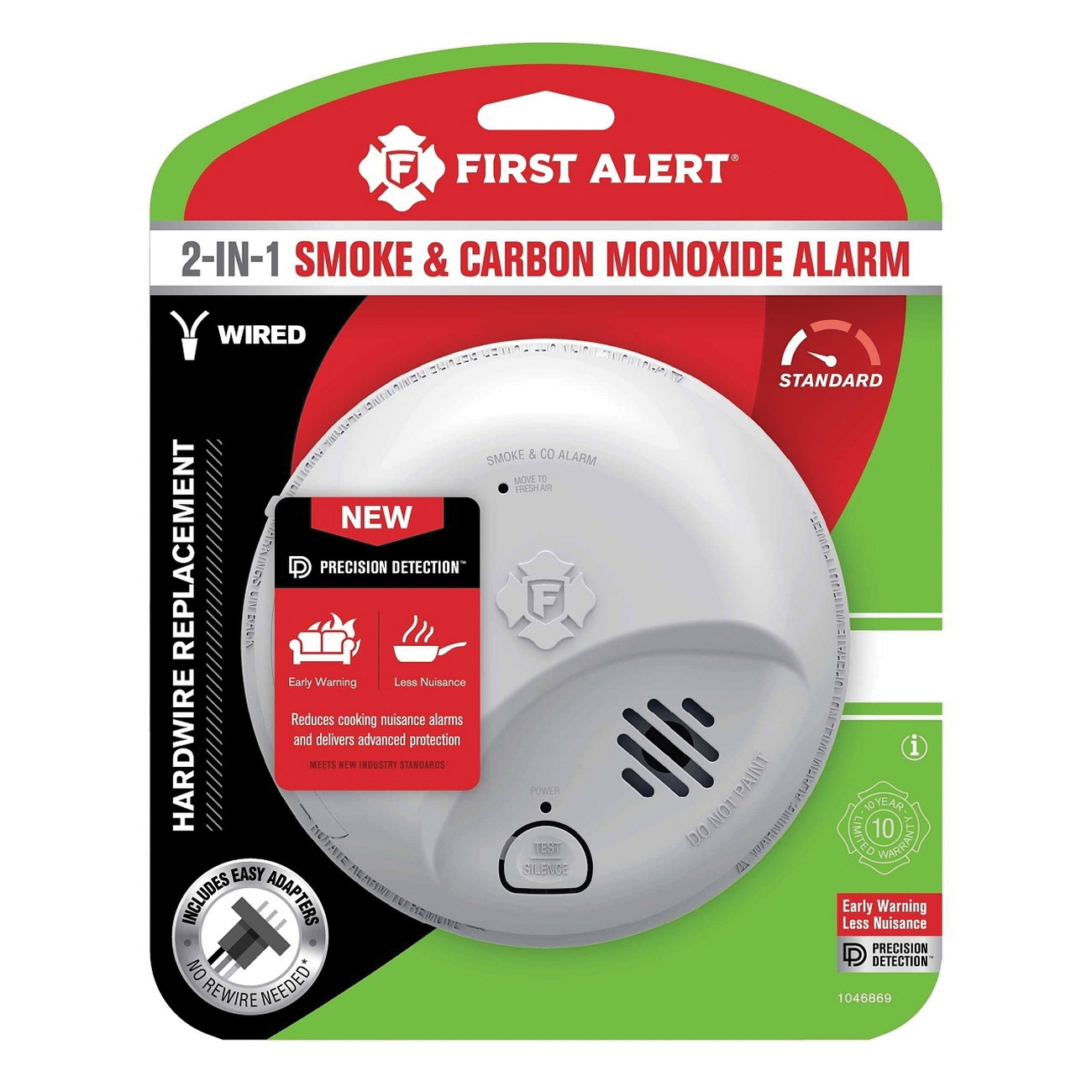1046869 2-in-1 Smoke and Carbon Monoxide Alarm, Alarm: Audible, Visual, Ionization Sensor, Bracket, White