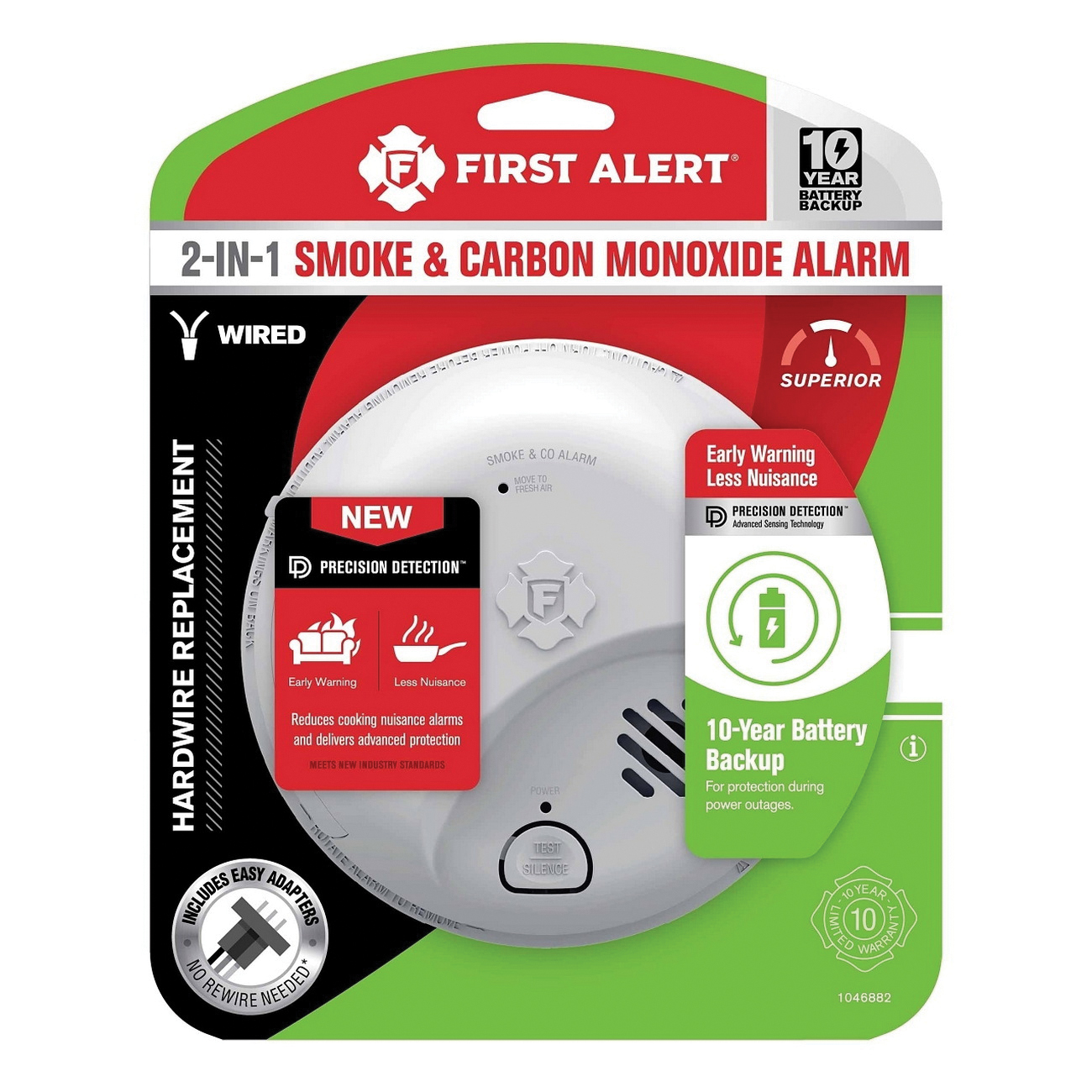 1046882 Smoke and Carbon Monoxide Alarm, Alarm: Audible, Visual, Electrochemical, Ionization Sensor, White