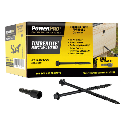 TimberTite Series 49105 Structural Screw, 1/4 in Thread, 4 in L, Serrated Thread, Washer Head, Hex Drive