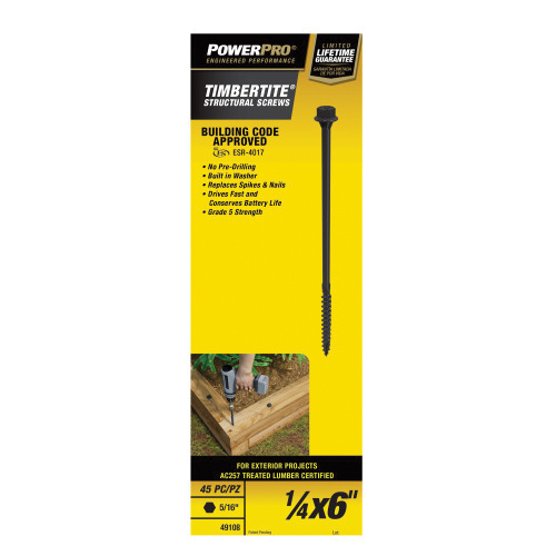 TimberTite Series 49108 Structural Screw, 1/4 in Thread, 6 in L, Serrated Thread, Washer Head, Hex Drive