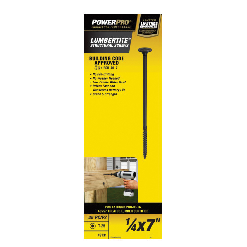 LumberTite Series 49131 Structural Screw, 1/4 in Thread, 7 in L, Serrated Thread, Flat Head, Star Drive, 45 PK