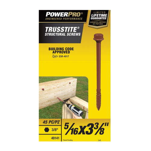 TrussTite Series 49141 Structural Screw, 5/16 in Thread, 3-3/8 in L, Serrated Thread, Washer Head, Hex Drive