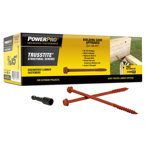 TrussTite Series 49143 Structural Screw, 5/16 in Thread, 5 in L, Serrated Thread, Washer Head, Hex Drive