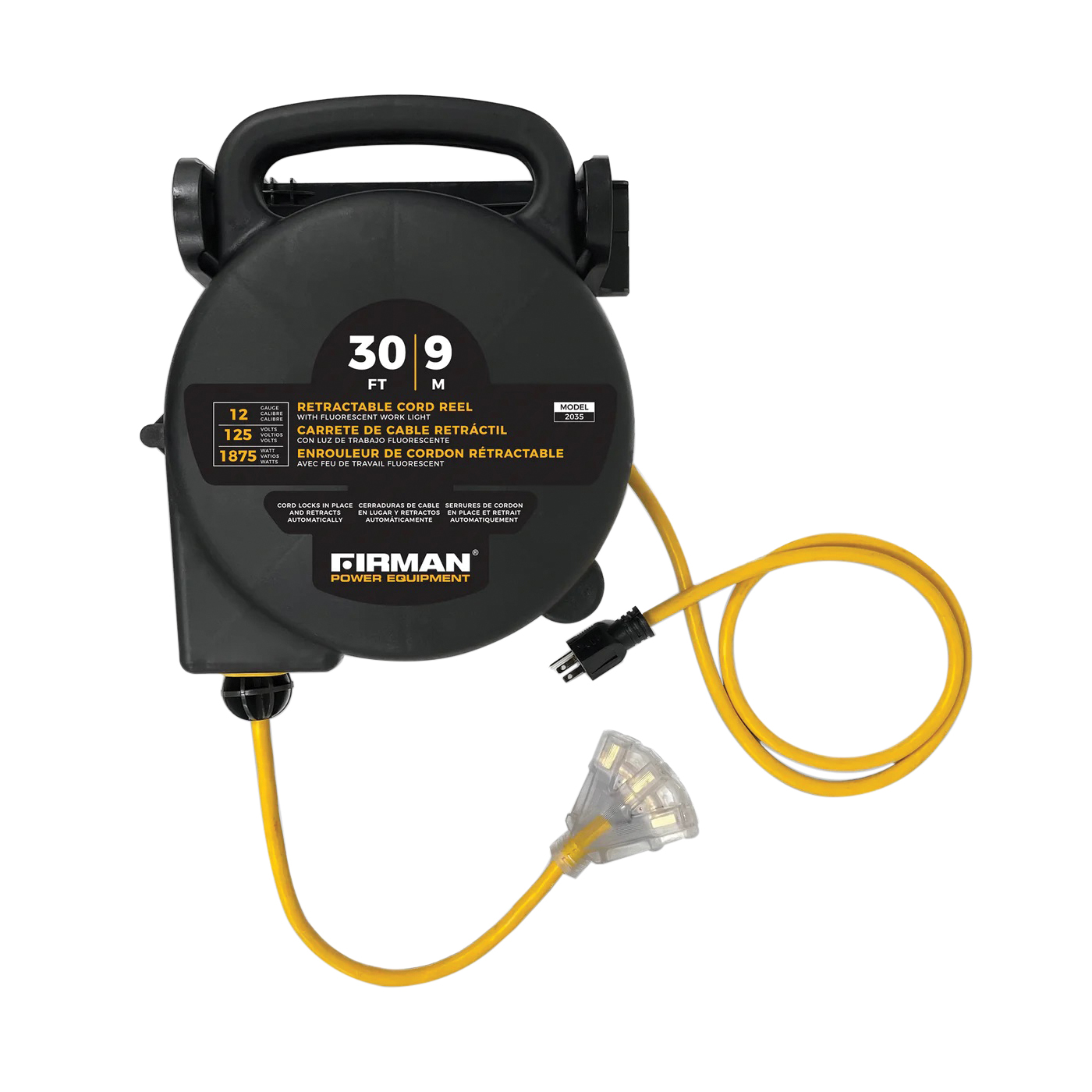 2035 Retractable Extension Cord Real, 30 ft L Cord, 12 ga Wire, 3-Socket, 125 V, Black