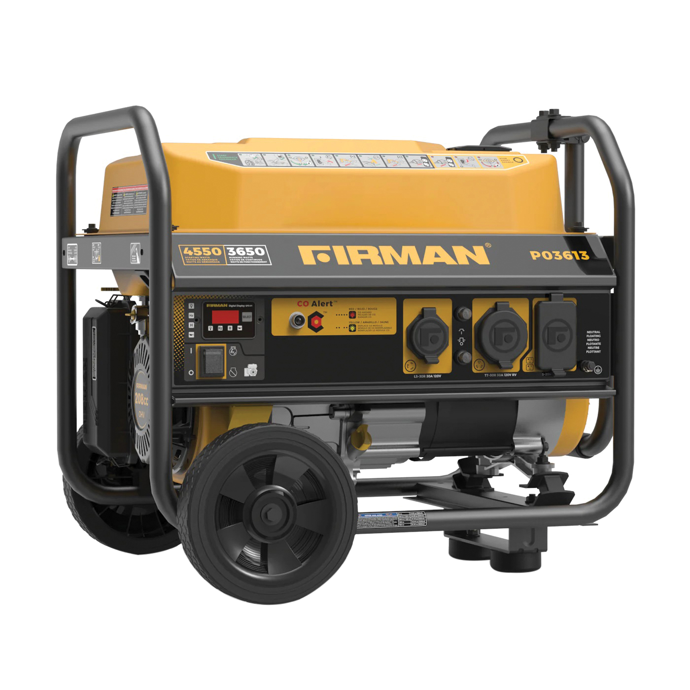 P03613 Portable Generator with CO Alert, 30 A, 120 VAC, 4550/3650 w Gasoline, 5 gal Tank, 14 hr Run Time, Recoil Start