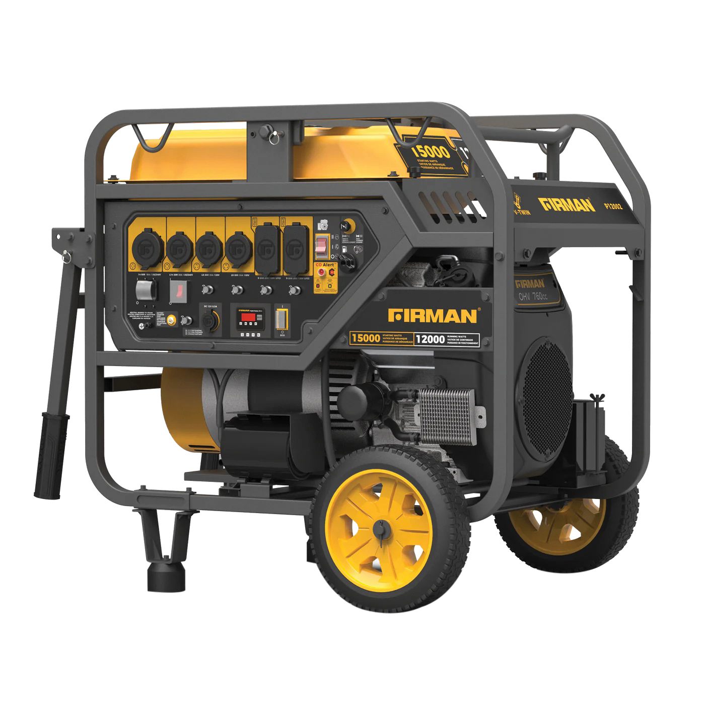 P12002 Portable Generator, 50A, 120/240V, 15,000W Output, Gasoline, 13.3gal Tank, 11hr Run Time, Electric