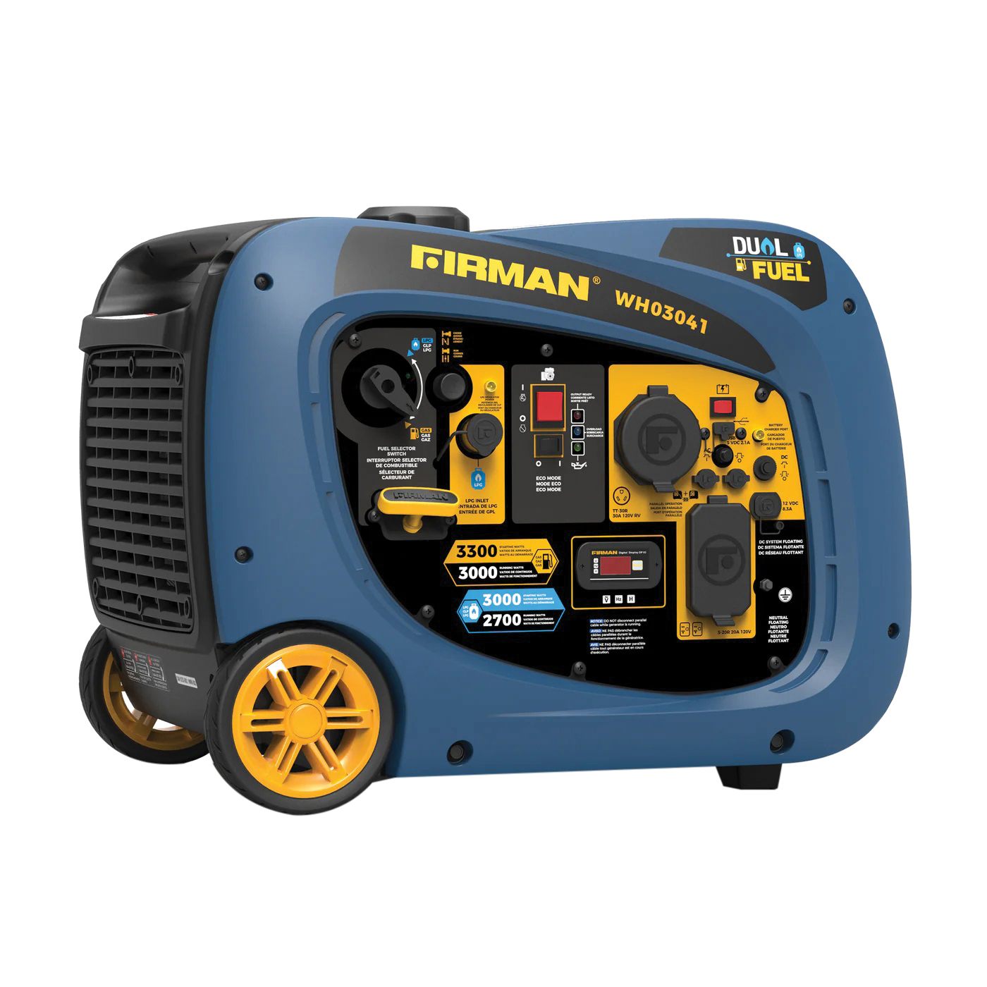 Firman WH03041 Portable Generator, 30 A, 120 VAC, Gasoline, LPG, 1.8 gal Tank, 9 hr Run Time, Recoil Start