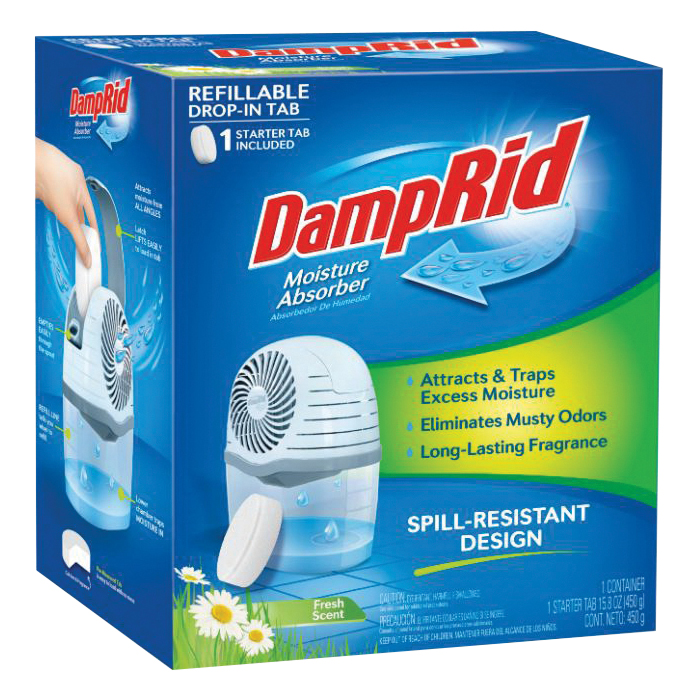 DampRid FG96FSSB Reusable Drop-In Tab Moisture Absorber Starter Kit, 15.8 oz Tablet, Solid, Fresh
