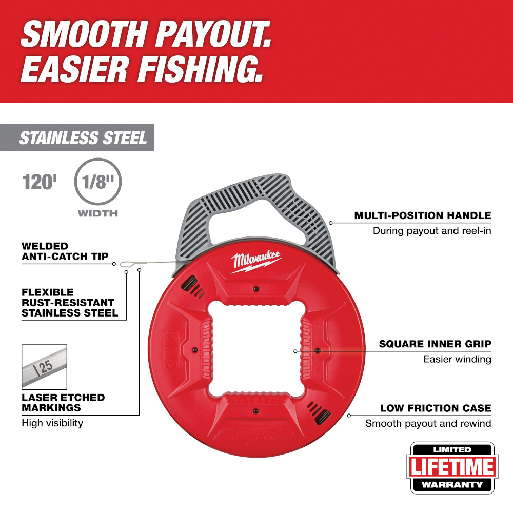Milwaukee 48-22-4186 Fish Tape, 1/8 in W Tape, 120 ft L Tape, Stainless Steel Tape, Gray/Red Case, Smooth Payout Rewind - 2