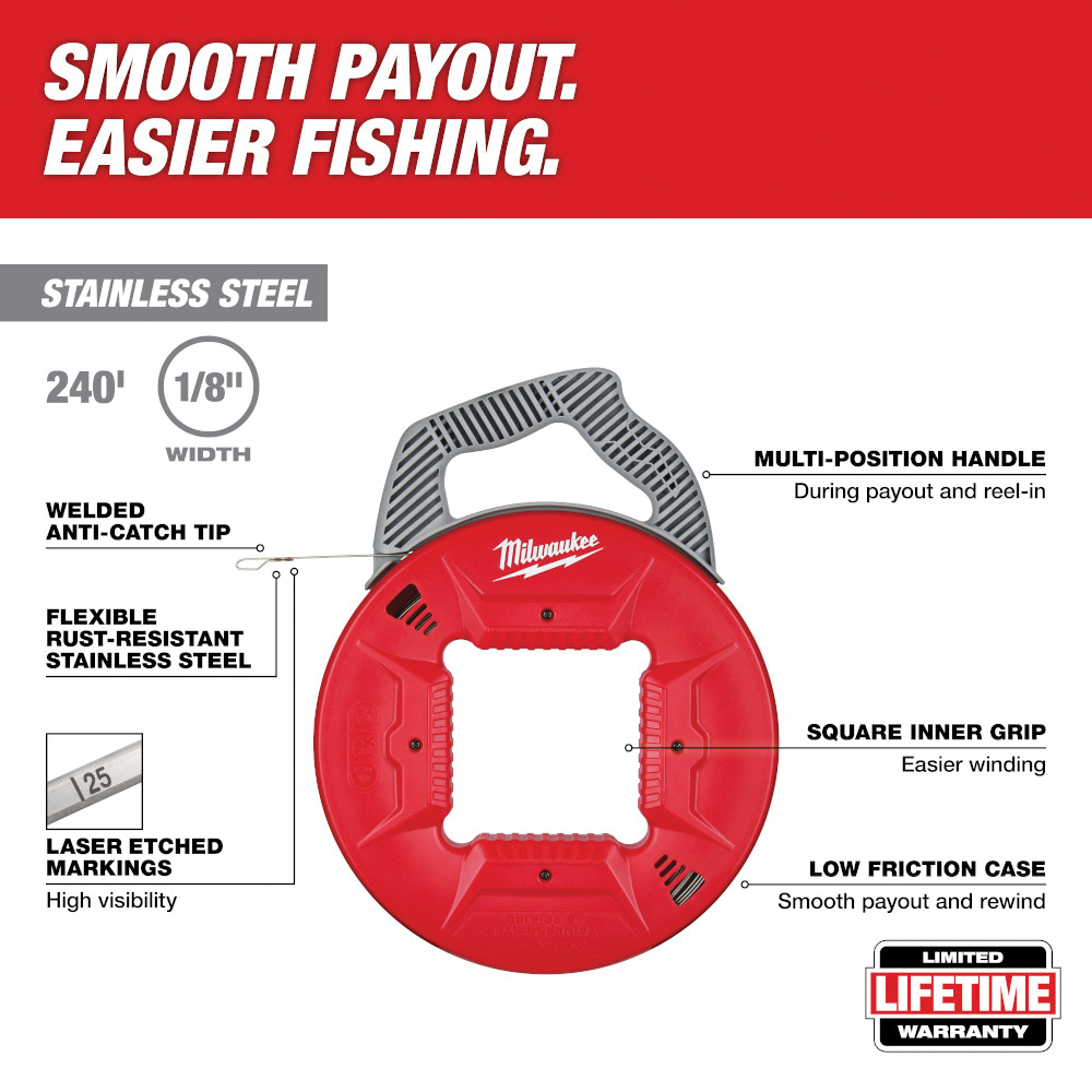 Milwaukee 48-22-4188 Fish Tape, 1/8 in W Tape, 240 ft L Tape, Stainless Steel Tape, Gray/Red Case, Smooth Payout Rewind - 2