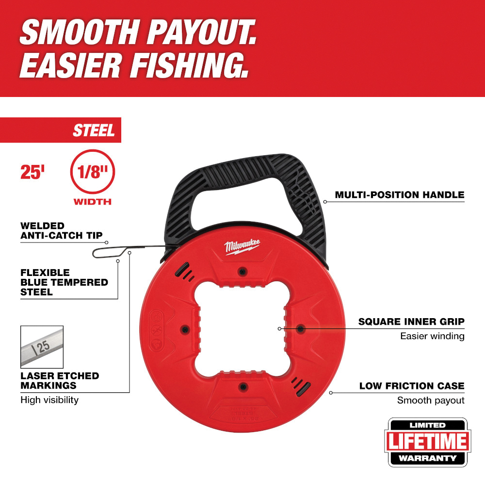 Milwaukee 48-22-4171 Fish Tape, 1/8 in Tape, 25 ft L Tape, Steel Tape, Black/Red Case - 2