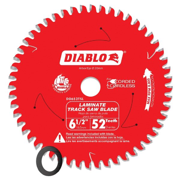 D0652TSL Track Saw Blade, 6-1/2 in Dia, 20 mm Arbor, 52-Teeth, Carbide Cutting Edge