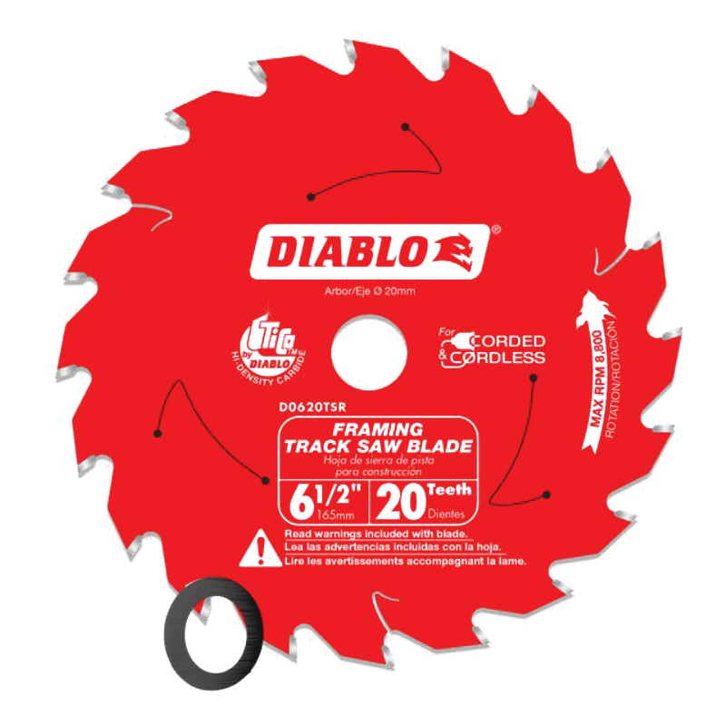D0620TSR Track Saw Blade, 6-1/2 in Dia, 20 mm Arbor, 20-Teeth, Carbide Cutting Edge