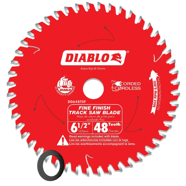 D0648TSF Track Saw Blade, 6-1/2 in Dia, 20 mm Arbor, 48-Teeth, Carbide Cutting Edge