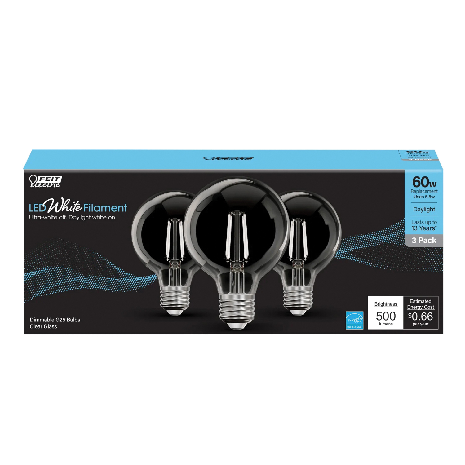 Feit Electric 60-Watt Equivalent G25 Dimmable Filament ENERGY STAR Clear Glass LED Light Bulb, Daylight (3-Pack)