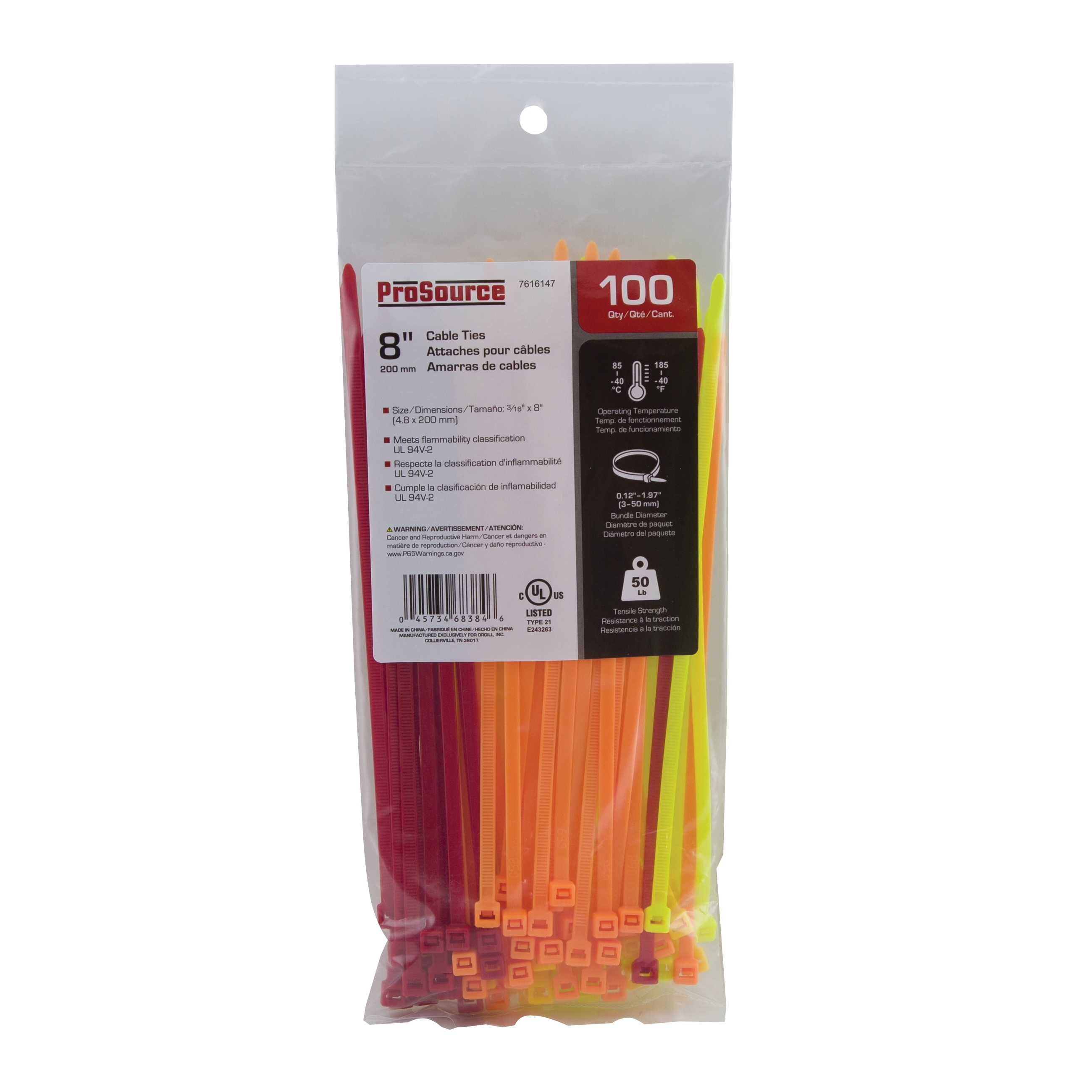 CT0941 Cable Tie, 50 mm Max Bundle Dia, Self-Locking Locking, Nylon, Fluorescent Green/Orange/Red/Yellow