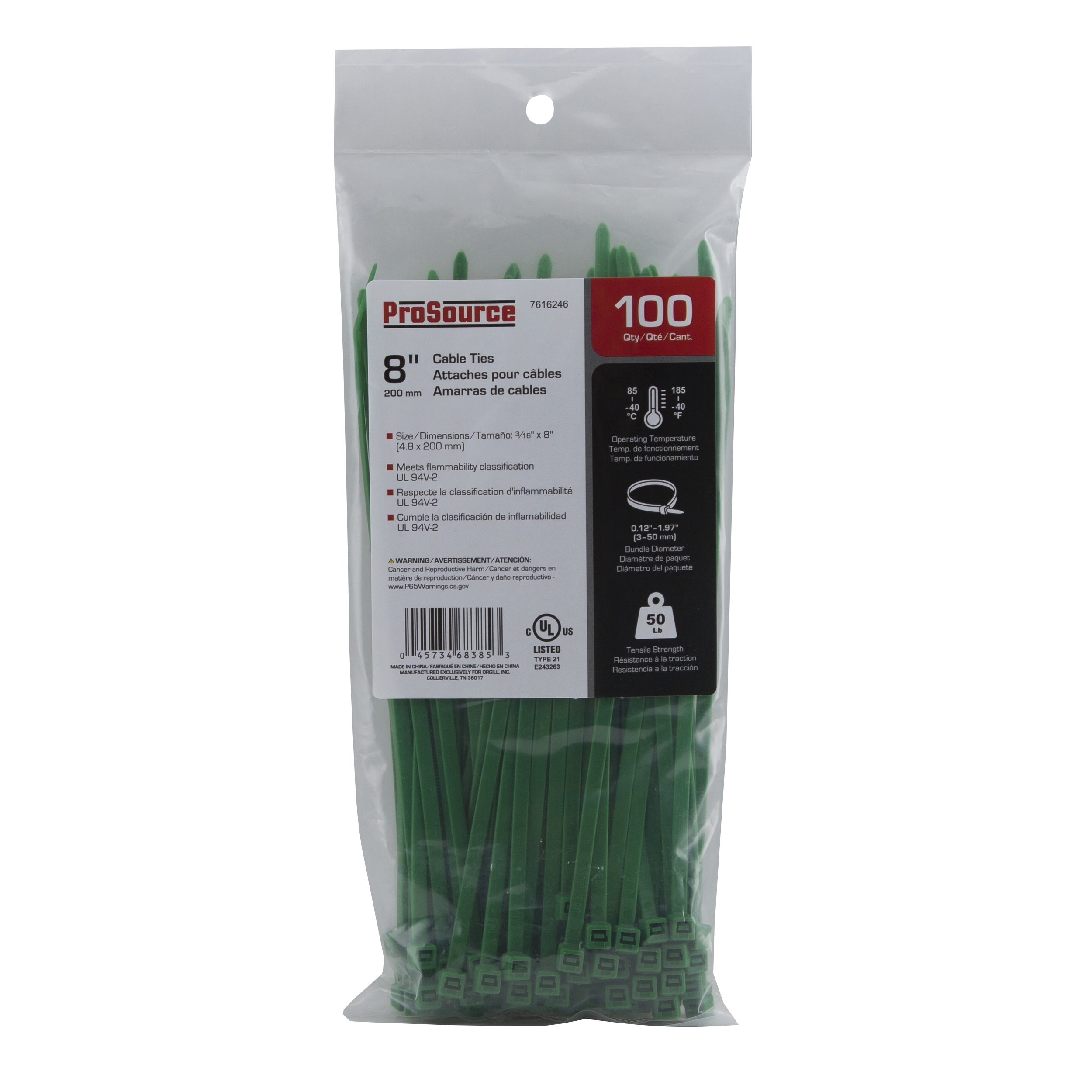 CT0943 Cable Tie, 50 mm Max Bundle Dia, Self-Locking Locking, Nylon, Green