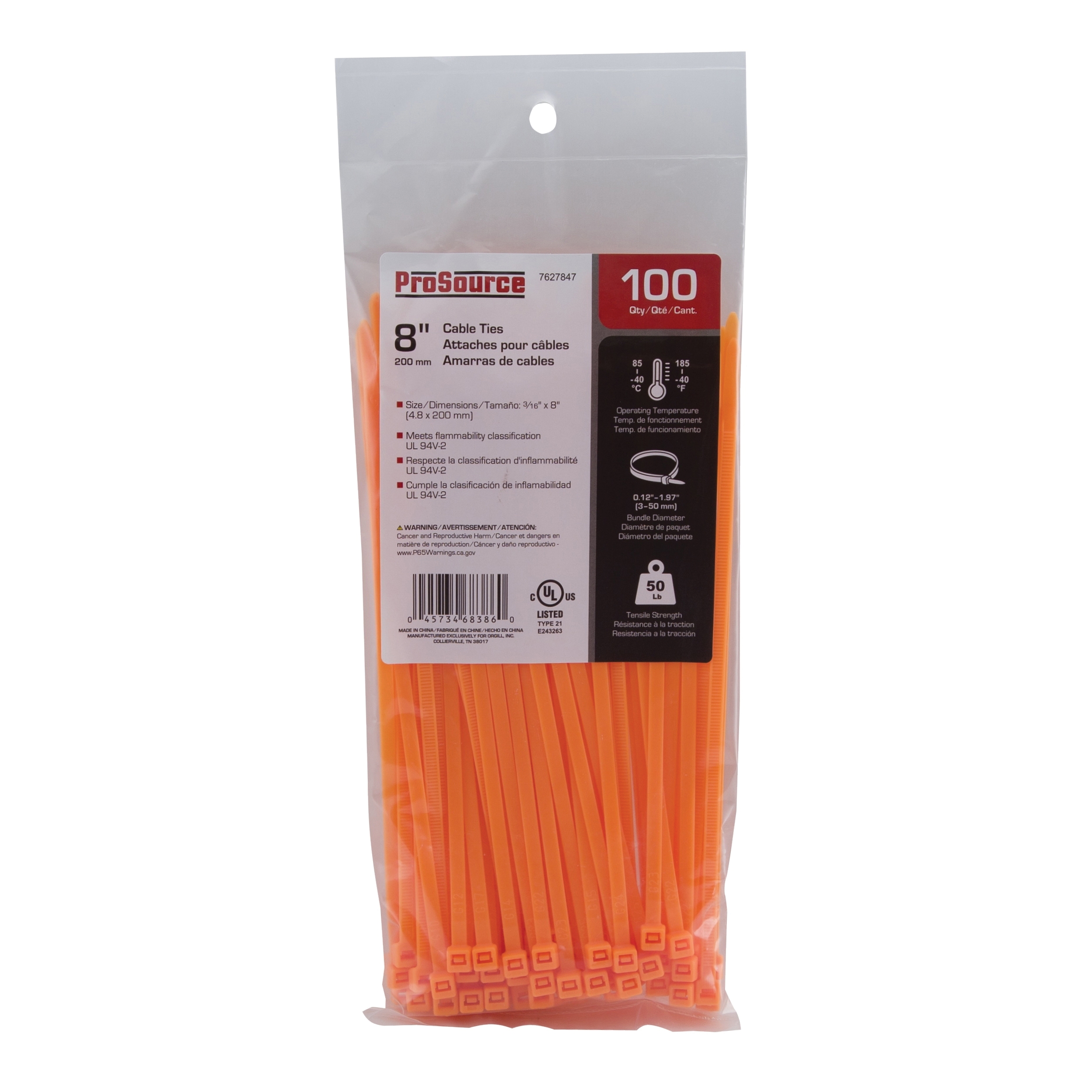 CT0944 Cable Tie, 50 mm Max Bundle Dia, Self-Locking Locking, Nylon, Orange