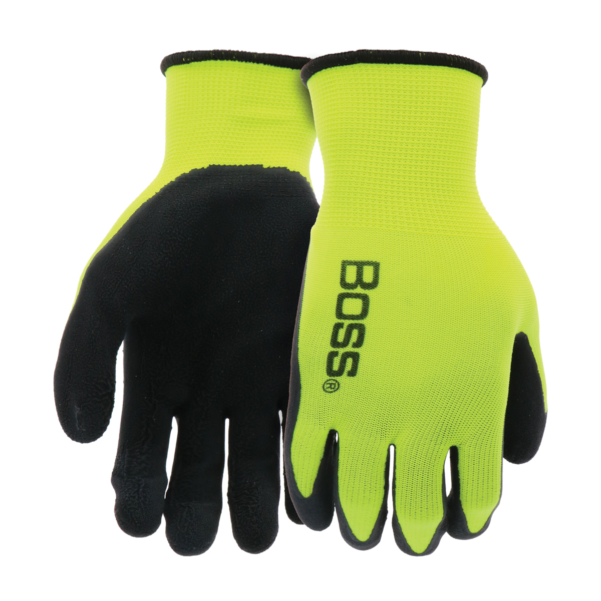Boss Tactile Grip Series B31282-M3P Coated Gloves, M, Knit Wrist Cuff, Latex Coating, Polyester, Black/Hi-Viz Yellow