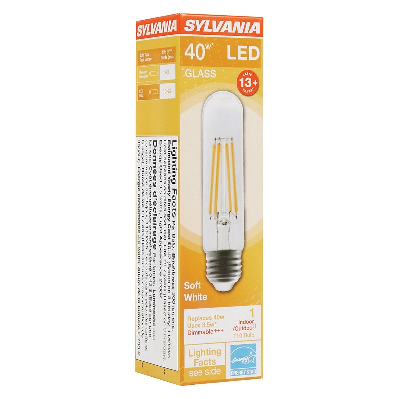 42054 LED Bulb, T10 Lamp, 40 W Equivalent, E26 Medium Lamp Base, Dimmable, Clear, Soft White, 2700 K Color Temp