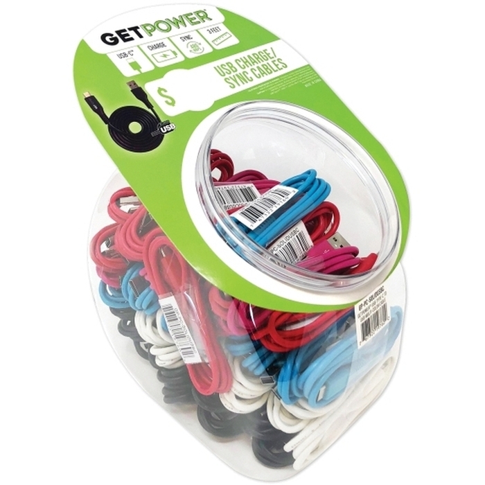 CWP-USBBOWLUSBC Braided USB Charge/Sync Cable, Assorted Sheath, 3 ft L