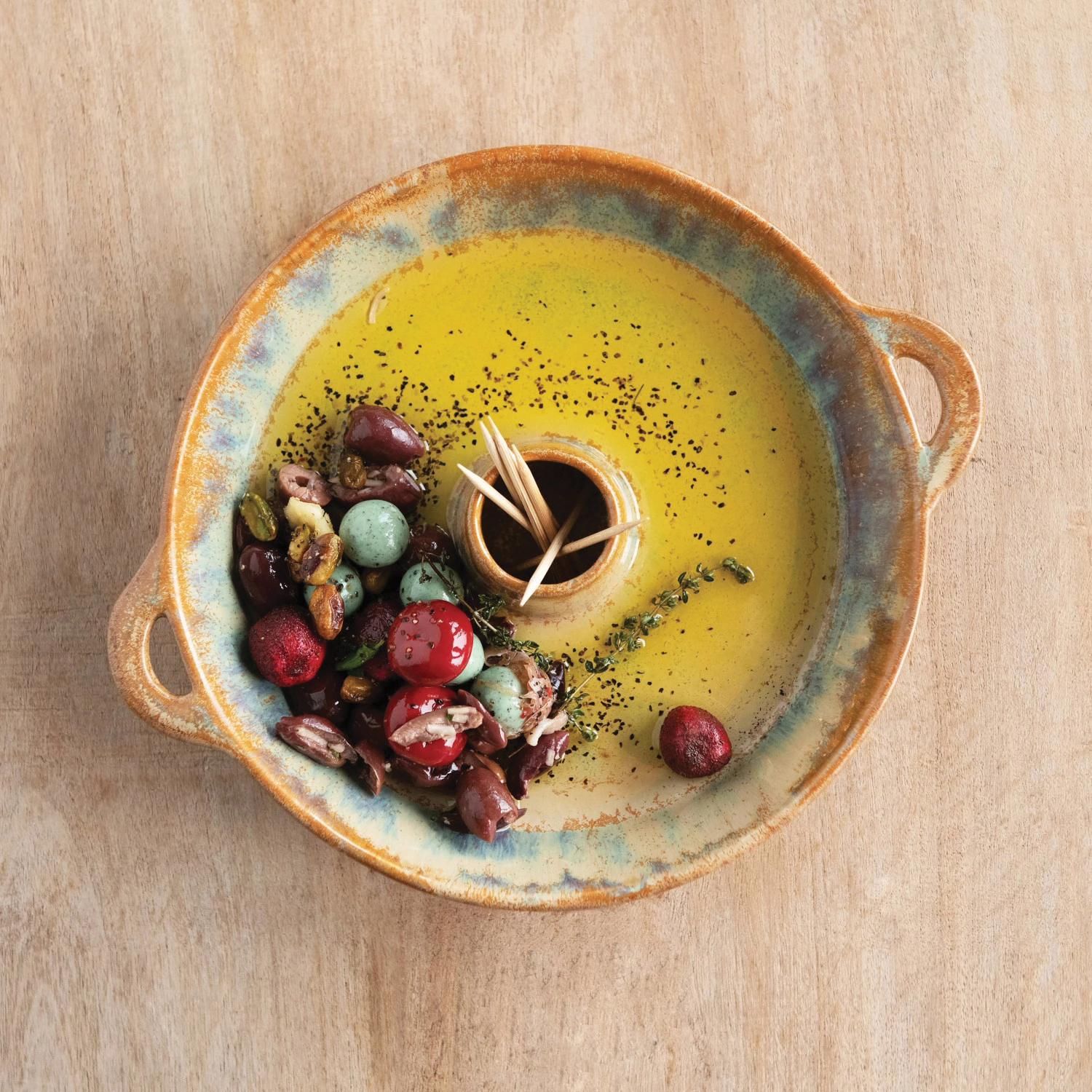 Creative Co-Op Abode Series DF4512 Dish with Toothpick Holder, Stoneware, Brown, Reactive Glaze, 10-1/2 in L, 8-3/4 in W - 3