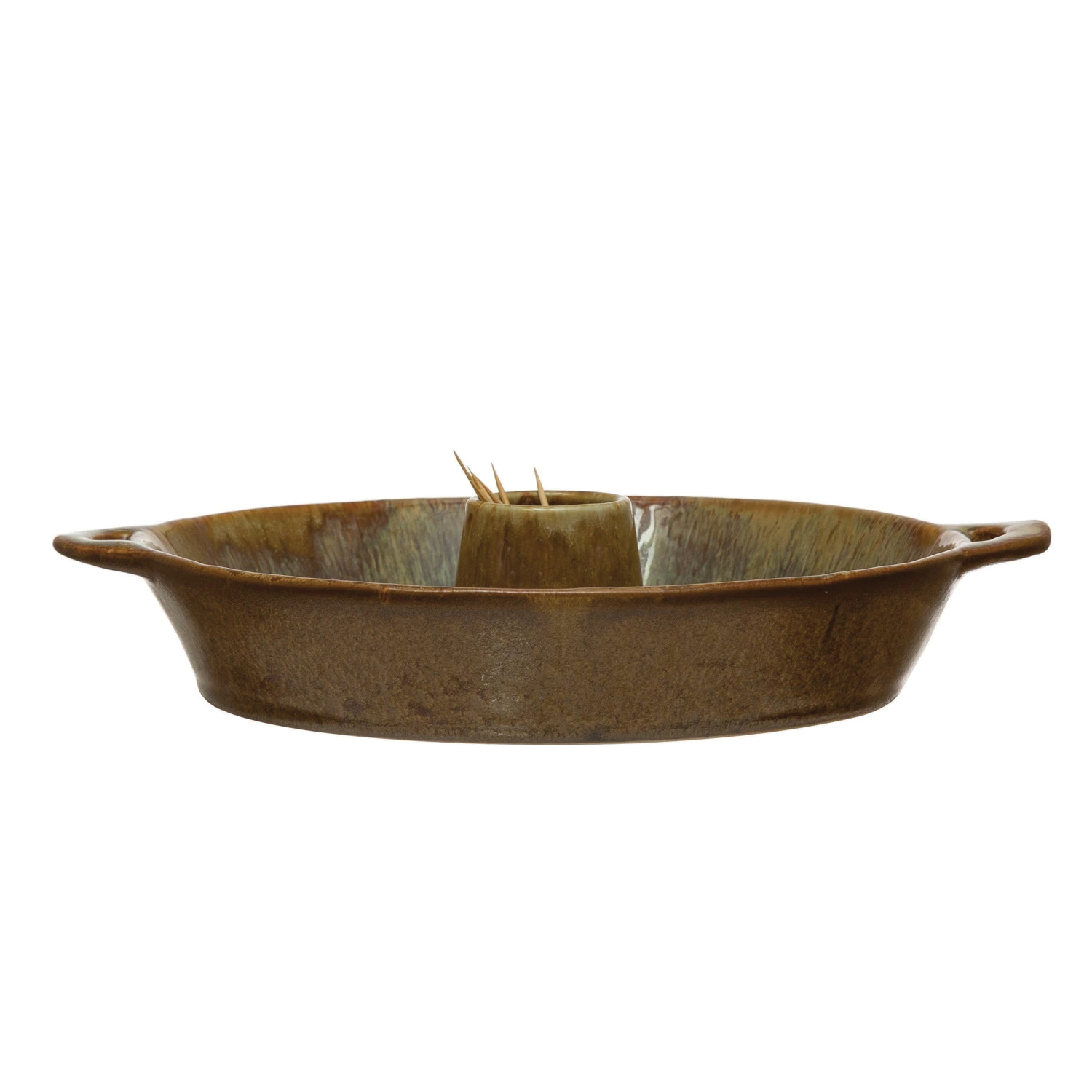 Creative Co-Op Abode Series DF4512 Dish with Toothpick Holder, Stoneware, Brown, Reactive Glaze, 10-1/2 in L, 8-3/4 in W - 4