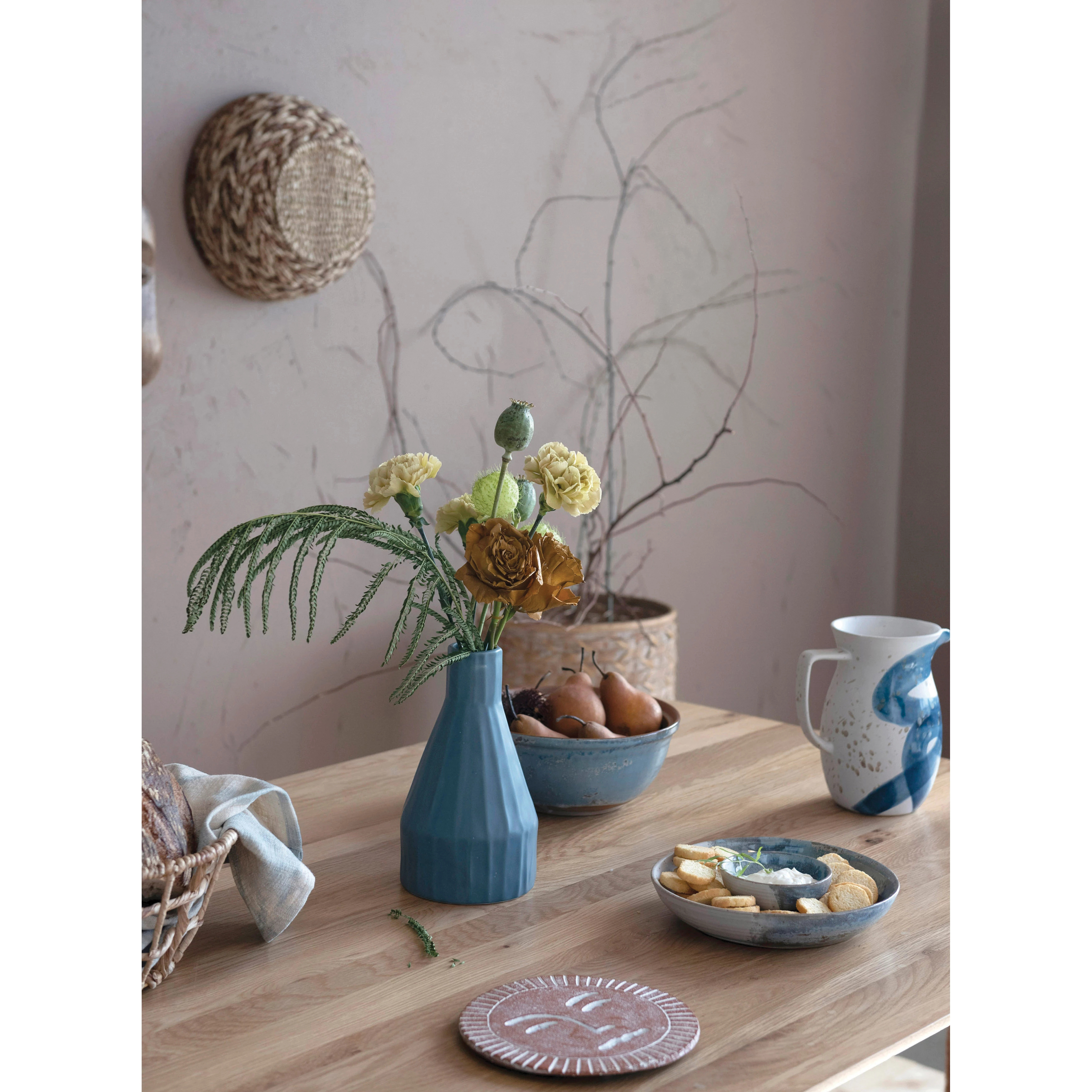 Bloomingville AH2521 Hand-Painted Chip and Dip Bowl, Stoneware, Blue/Cream - 2